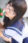 cosplay flower glasses ichigo_100 kneesocks pleated_skirt rinami sailor_uniform school_uniform skirt strawberry toujou_aya rating:Safe score:2 user:nil!