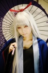 cosplay hairbow houtou_singi kikyou pop'n_music red_eyes robe silver_hair tank_top umbrella rating:Safe score:1 user:nil!