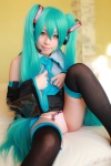 aqua_hair arai_yomi bed blouse cosplay detached_sleeves hatsune_miku headset panties pleated_skirt skirt skirt_lift thighhighs tie twintails vocaloid rating:Safe score:1 user:nil!