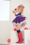 blonde_hair blouse boots cosplay deep_rabbit hat macross macross_frontier macross_frontier:_itsuwari_no_utahime pleated_skirt saku sheryl_nome skirt skirt_lift thighhighs vest zettai_ryouiki rating:Safe score:1 user:nil!