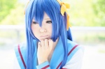 akitsu_honoka armband blouse blue_eyes blue_hair cosplay hairband hair_ribbons izumi_konata lucky_star suzumiya_haruhi_no_yuuutsu rating:Safe score:0 user:pixymisa