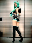 aqua_hair ass cosplay croptop detached_sleeves elbow_gloves gloves hatsune_miku headset necoco project_diva shorts thighhighs twintails vocaloid rating:Safe score:7 user:nil!