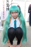 aqua_hair cosplay glasses hatsune_miku headphones necoco panties pantyhose sleeveless_blouse thighhighs tie twintails vocaloid rating:Safe score:0 user:pixymisa