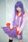 bakemonogatari blouse cosplay hiokichi pleated_skirt purple_eyes purple_hair school_uniform senjougahara_hitagi skirt thighhighs tie zettai_ryouiki rating:Safe score:2 user:pixymisa