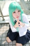 blouse cosplay green_hair higurashi_no_naku_koro_ni kneesocks kumo miniskirt pleated_skirt school_uniform skirt sonozaki_shion rating:Safe score:0 user:nil!