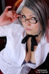 aqua_eyes blouse bra cleavage cosplay glasses kangoku_gakuen looking_over_glasses ribbon_tie robin shiraki_meiko silver_hair rating:Safe score:2 user:pixymisa