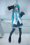 aqua_hair blouse cosplay detached_sleeves hatsune_miku headset pleated_skirt rinami skirt thighhighs tie twintails vocaloid zettai_ryouiki rating:Safe score:3 user:pixymisa