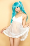 aqua_hair bra chemise cosplay dress_lift hatsune_miku lingerie necoco panties remix_necosmo see-through side-tie_panties tagme_song twintails vocaloid rating:Safe score:4 user:nil!