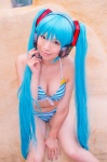 aqua_hair bikini cleavage cosplay hatsune_miku headset mashiro_yuki project_diva swimsuit twintails vocaloid rating:Safe score:1 user:nil!