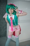 collar cosplay cuffs garter_straps green_hair hairbow macross macross_frontier miki ranka_lee red_eyes shorts thighhighs tie twintails vest rating:Safe score:1 user:pixymisa