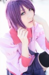 asakura_hina bakemonogatari blouse blue_eyes cosplay pleated_skirt purple_hair senjougahara_hitagi skirt tie rating:Safe score:0 user:pixymisa