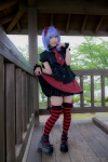 blouse blue_hair bow cosplay croptop lenfried miniskirt remilia_scarlet skirt skirt_lift thighhighs touhou twintails wings zettai_ryouiki rating:Safe score:0 user:nil!