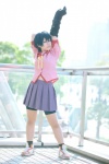 bakemonogatari blouse blue_hair cosplay kanbaru_suruga pleated_skirt school_uniform shorts skirt socks tora rating:Safe score:1 user:nil!