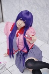 bakemonogatari blouse cosplay pleated_skirt purple_hair school_uniform senjougahara_hitagi skirt thighhighs yukimi_kanon zettai_ryouiki rating:Safe score:1 user:nil!