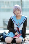 books cardigan cosplay kneesocks miniskirt nagato_yuki nagatsuki pleated_skirt purple_hair sailor_uniform school_uniform skirt suzumiya_haruhi_no_yuuutsu rating:Safe score:0 user:nil!