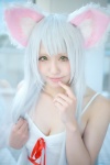 animal_ears bakemonogatari cat_ears cleavage cosplay dress hanekawa_black hanekawa_tsubasa sayu white_hair rating:Safe score:1 user:nil!