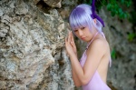 ayane_(doa) beach cosplay dead_or_alive headband one-piece_swimsuit purple_hair swimsuit tachibana_minami rating:Safe score:0 user:nil!