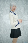 angel_beats! blazer blouse cosplay kneehighs pleated_skirt ribbon_tie skirt takanashi_maui tenshi_(angel_beats!) white_hair yellow_eyes rating:Safe score:0 user:pixymisa