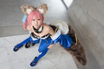 animal_ears caster cleavage collar cosplay detached_sleeves dress fate/extra fate/series fox_ears fox_tail pink_hair seri skirt_train thighhighs yellow_eyes zettai_ryouiki rating:Safe score:0 user:pixymisa