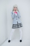 blazer blouse bowtie cosplay green_eyes haiyore!_nyaruko-san maitako nyaruko pleated_skirt skirt thighhighs white_hair rating:Safe score:0 user:pixymisa