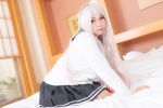 bed cardigan cosplay guguru hairband pleated_skirt sailor_uniform school_uniform skirt white_hair yunohana_yuuna yuragisou_no_guguru-san yuragisou_no_yuuna-san rating:Safe score:0 user:nil!