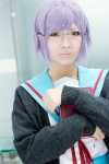 cardigan cosplay glasses mau nagato_yuki pleated_skirt purple_hair school_uniform skirt suzumiya_haruhi_no_yuuutsu rating:Safe score:0 user:pixymisa