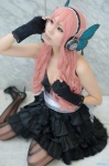 cleavage cosplay dress fingerless_gloves gloves hairband headset megurine_luka pantyhose pink_hair sakuramiya_rei vocaloid rating:Safe score:0 user:nil!