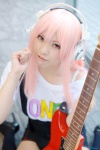 black_legwear cosplay guitar harumiya_yun headphones jumper nitro_super_sonic pantyhose pink_hair sheer_legwear super_soniko thighhighs tshirt zettai_ryouiki rating:Safe score:0 user:nil!