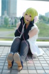 blouse cosplay elbow_gloves gloves green_hair gumi happy_synthesizer_(vocaloid) headset pantyhose pleated_skirt skirt vest vocaloid yuta rating:Safe score:0 user:nil!