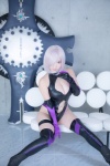 bodysuit boots castle_of_glass cleavage cosplay elbow_gloves fate/grand_order fate/series gloves mash_kyrielight pink_hair saku shield thigh_band thighhighs rating:Safe score:0 user:nil!