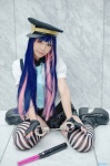 blouse boots cosplay fingerless_gloves gloves handcuffs multi-colored_hair panty_&_stocking_with_garterbelt police_hat shorts stocking_(psg) striped suspenders thighhighs yosugara_touru rating:Safe score:1 user:nil!