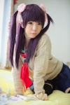 bed cardigan cosplay hairbows kousaka_yun kyou_no_asuka_show pleated_skirt purple_hair sailor_uniform sawada_mao school_uniform skirt thighhighs twintails zettai_ryouiki rating:Safe score:2 user:nil!