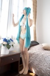aqua_hair bikini cosplay hatsune_miku headset pantyhose project_diva striped swimsuit twintails vocaloid yatoshi_riya rating:Safe score:2 user:pixymisa