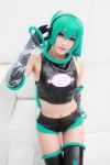 aira aqua_hair boots cosplay croptop elbow_gloves gloves hair_ribbon hatsune_miku headset project_diva shorts sleeveless thigh_boots thighhighs twintails vocaloid rating:Safe score:0 user:pixymisa