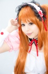 apron asahina_mikuru cosplay cuffs dress hairband orange_hair suzumiya_haruhi_no_yuuutsu tsukikage_yayoi twintails waitress waitress_uniform rating:Safe score:0 user:pixymisa