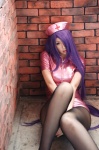 black_legwear cosplay dress ikkitousen kanu_unchou kibashi nurse nurse_cap nurse_uniform pantyhose purple_hair rating:Safe score:5 user:nil!