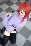 ari belt cosplay glasses karin_(naruto) knife looking_over_glasses midriff naruto red_hair thighhighs rating:Safe score:0 user:nil!