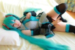 aqua_hair arai_yomi bed blouse cosplay detached_sleeves hatsune_miku headset panties pleated_skirt skirt thighhighs tie twintails vocaloid rating:Safe score:1 user:nil!