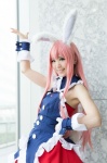 animal_ears blouse bunny_ears cosplay cuffs kurasaka_kururu kurousagi mondaiji-tachi_ga_isekai_kara_kuru_sou_desu_yo? pink_eyes pink_hair skirt rating:Safe score:0 user:pixymisa