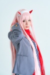 1girl blazer blouse cosplay darling_in_the_franxx emerald hairband horns long_hair pink_hair pleated_skirt ratings:s scarf school_uniform skirt solo tie usakichi zero_two rating:Safe score:0 user:nil!