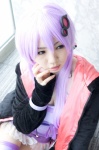 cleavage cosplay dress hair_clips hana_(ii) hoodie purple_hair thighhighs twintails vocaloid yuzuki_yukari zettai_ryouiki rating:Safe score:1 user:pixymisa