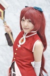 cosplay hairbow koko pleated_skirt puella_magi_madoka_magica red_hair sakura_kyouko skirt spear vest rating:Safe score:0 user:nil!