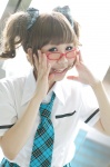 blouse cosplay glasses hair_ribbons idolmaster mizuhashi_uri pleated_skirt school_uniform skirt takatsuki_yayoi tie twintails rating:Safe score:0 user:nil!