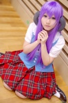 cosplay hanyuu higurashi_no_naku_koro_ni horns kidsuki_runa kneesocks miniskirt plaid pleated_skirt purple_hair school_uniform skirt vest rating:Safe score:0 user:nil!