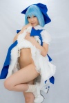 blouse blue_hair bottomless cirno cosplay dress_lift hairbow jumper lenfried socks touhou rating:Questionable score:2 user:nil!