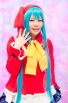 aqua_hair blouse bowtie cosplay cozeco hatsune_miku headscarf tiered_skirt twintails vocaloid rating:Safe score:0 user:pixymisa