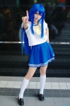 ahoge aka_(morimori) blue_hair cosplay izumi_konata kneesocks lucky_star pantyhose pleated_skirt sailor_uniform school_uniform skirt rating:Safe score:0 user:nil!