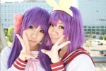 cosplay hairbow hairbows hair_ribbons hiiragi_kagami hiiragi_tsukasa kanaezaki_shino lucky_star purple_hair rindou_sana sailor_uniform school_uniform twintails rating:Safe score:0 user:nil!