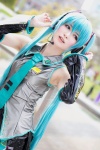 aqua_hair asami_uki blouse cosplay detached_sleeves hatsune_miku headset pleated_skirt skirt tie twintails vocaloid rating:Safe score:2 user:nil!