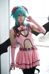 aqua_hair cleavage cosplay dress elbow_gloves fingerless_gloves gloves hatsune_miku headset leggings project_diva ryuga tail vocaloid wings world_is_mine_(vocaloid) rating:Safe score:5 user:nil!